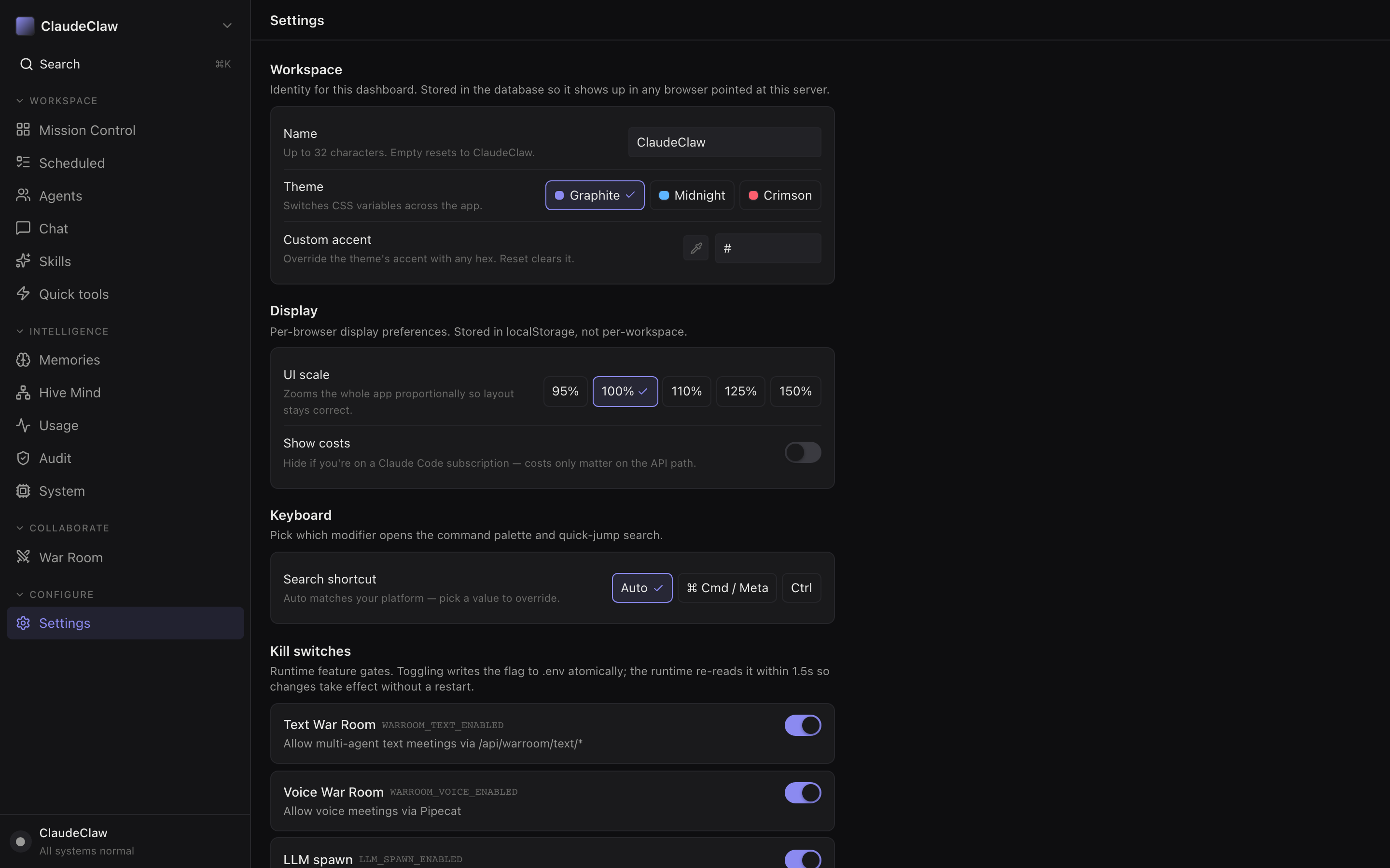Settings page